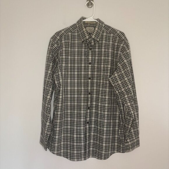 LL BEAN Button Down Shirt Men's Medium Wrinkle Resistant Black Ivory Dress - Picture 1 of 4